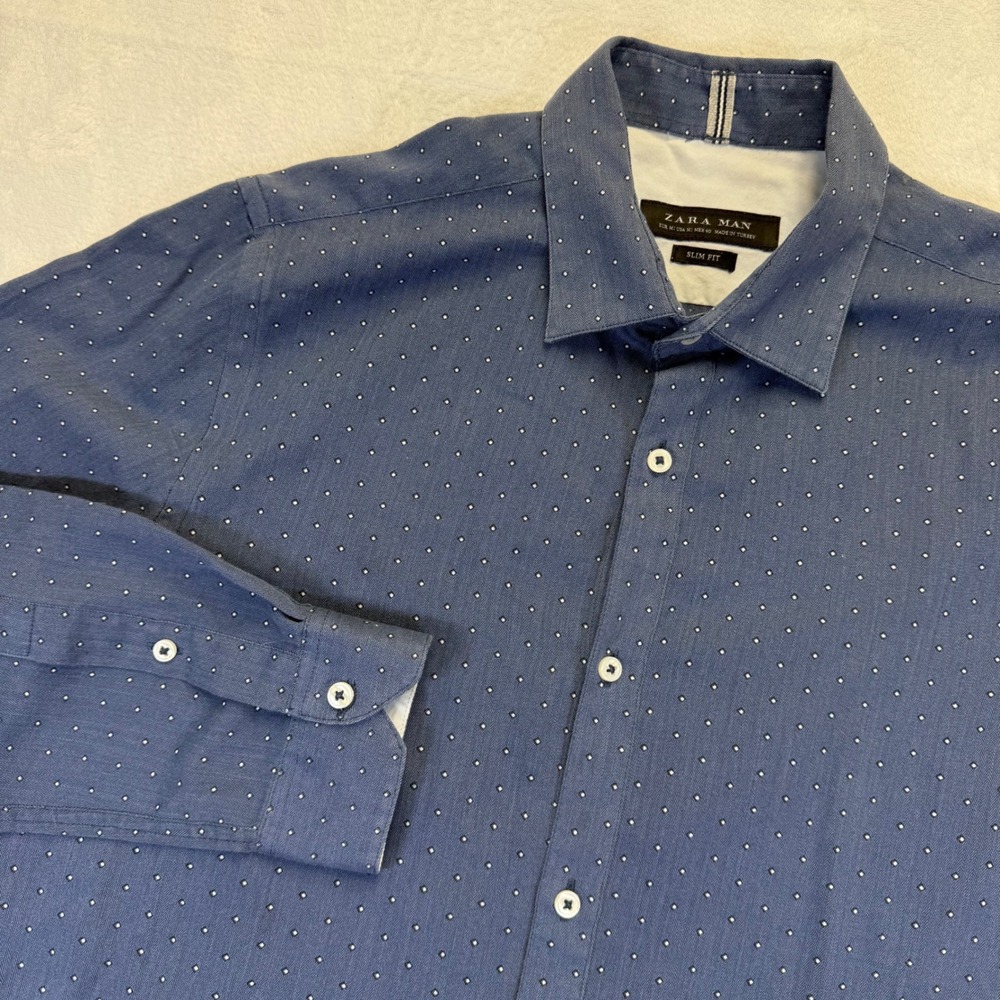 Zara Man Slim Fit Blue Micro Polka Dot Herringbone Button Up Shirt Mens Size M